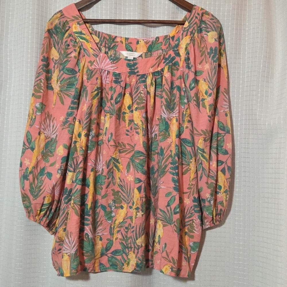 LAUREN CONRAD Tropical Womens Shirt XL Long Sleeve Square Neck Beachy Coastal
